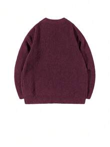 Lightweight Casual Textured Knit Sweater, Minimalist Design, Loose Fit Crew Neck Pullover For Unisex, Suitable For Autumn/Winter - Burgundy - View 4
