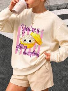 Tween Girl 1pc Printed Crew Neck Sweatshirt, Unisex Tween Girl Matching Outfit For Sisters, Best Friends And Family, Long Sleeve Top For Young Students, Suitable For Autumn/Winter - Apricot - View 3