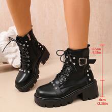 Punk Rivet Thick Sole Boots For Women, Lace-Up Buckle Side Zipper Ankle Boots, Lightweight For Travel Or Daily Wear - Black - View 9