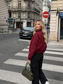 Women's Zipper Short Flight Jacket, Autumn Casual Street Style Lightweight Solid Color Regular Fit Baseball Collar Jacket - Burgundy - View 11