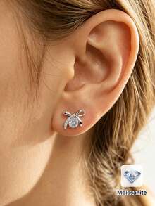 2pcs Minimalist Fashion 925 Silver 0.3Carat X 2 Moissanite Bow Stud Earrings, Suitable For Women's Daily Wear, Party, Vacation, Valentine's Day, Mother's Day, Birthday Jewelry Gift - Silver - View 5