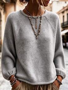 Women's Grey Textured Knit Sweater With Rolled Hem, Round Neck, Raglan Lantern Sleeves, Casual Versatile Soft Pullover, Suitable For Daily Wear In Autumn/Winter - Grey - View 1