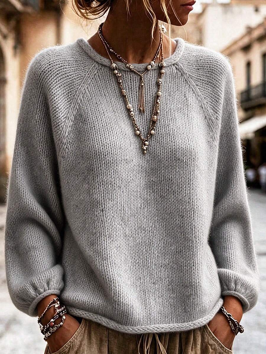 Women's Grey Textured Knit Sweater With Rolled Hem, Round Neck, Raglan Lantern Sleeves, Casual Versatile Soft Pullover, Suitable For Daily Wear In Autumn/Winter - Grey - View 1