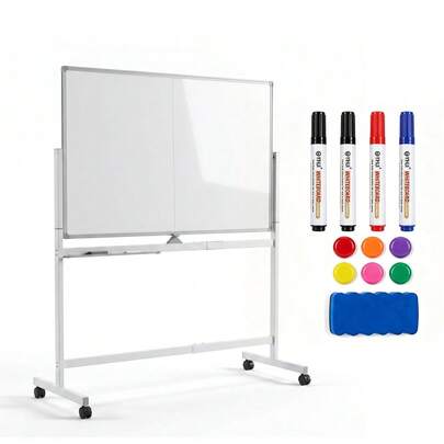 WARMTOBABY Pizarra blanca magnética de borrado en seco con ruedas y soporte - Tablero giratorio de doble cara, altura ajustable - Ruedas con bloqueo para espacio educativo/oficina/hogar