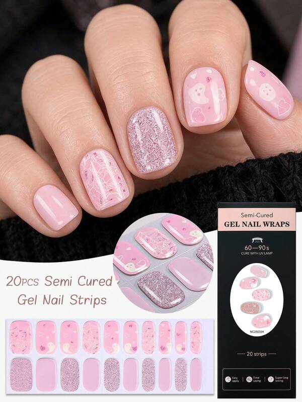 20pcs Pink Ghost Semi Cured Gel Nail Strips, Cute Spider Web Heart & Glitter Halloween Gel Nail Wraps, Easy To Apply & Long Lasting Nail Stickers, UV Lamp Cure Nail Art For Women's Halloween Parties And Costume Events