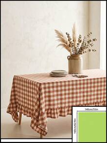 1pc Brown And White Large Plaid Ruffle Edge Tablecloth, Rustic Country Style Rectangular Same-Color Ruffle Edge Pleated Detail Decorative Functional Dining Tablecloth Suitable For Family Gatherings And Rustic Home Decor Scenes - Khaki - View 15