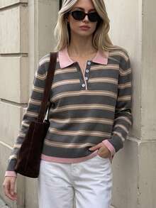 BYGOUBY Women's Spring/Autumn Polo Collar Knitted Cardigan, Fashion Striped Casual Sweater Top, Soft And Comfortable - Pink - View 5