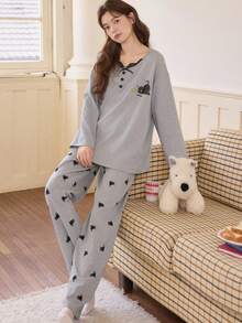 2pcs Women's Pajama Lounge Set, Pullover Round Neck Cute Cat Print Minimalist Long Sleeve Cropped Pants, Comfortable For Home Wear - Grey - View 6