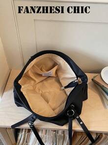 Minimalist Tote Bag With Lychee Textured PU Fabric, Metal Ring Buckle, Adjustable Long Handle, Open Top, Loose Soft Body, Large Capacity, Practical And Versatile, For Women, Campus, Commute, Daily Outings, Handbag, Shoulder Bag - Black - View 4