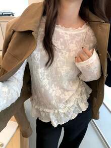 New Women's Minimalist Autumn French Lace Top, Long Sleeve Ruffle Hem, Youthful Loose Fit Top - Apricot - View 5