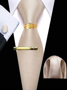 5Pcs Men Champagne Small Polka Dot Tie Pocket Square Cufflinks Ring Tie Clip Set, Random Cufflink Pattern, Suit Accessories For Wedding - Champagne - View 1