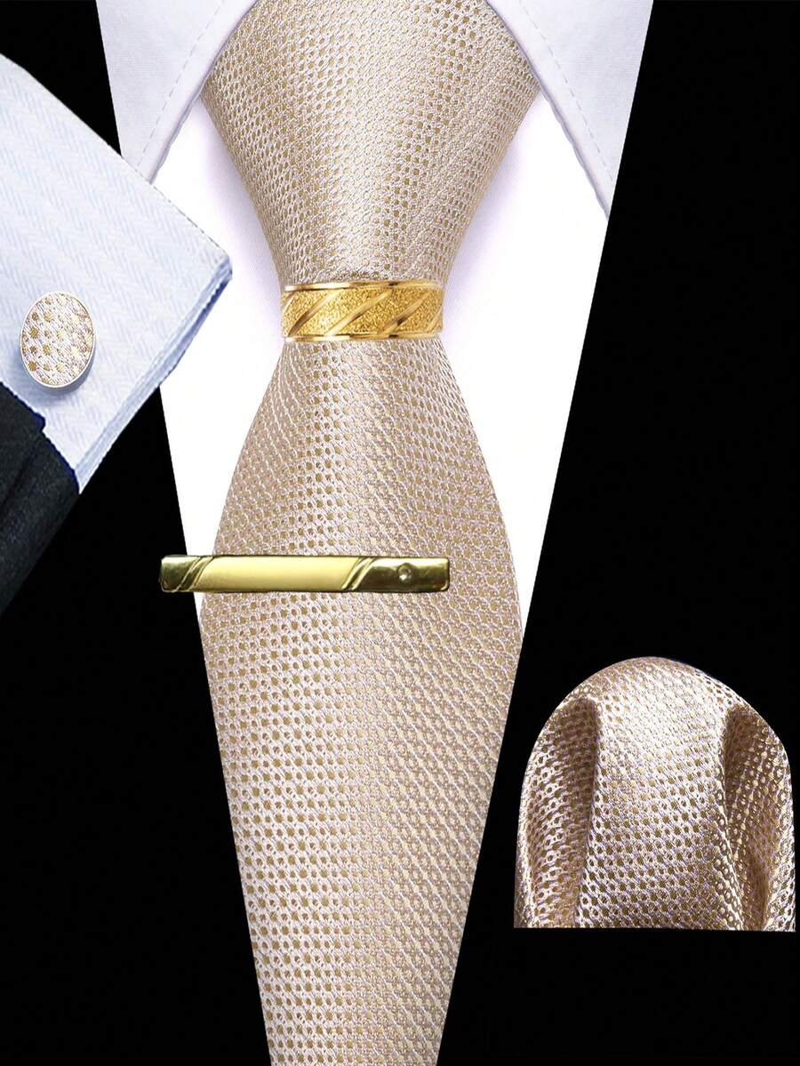 5Pcs Men Champagne Small Polka Dot Tie Pocket Square Cufflinks Ring Tie Clip Set, Random Cufflink Pattern, Suit Accessories For Wedding - Champagne - View 1
