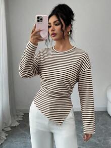 Kaos Lengan Panjang Bergaris-garis dengan Detail Ribbed, Bahu Jatuh, Hem Asimetris, Pinggang Berkerut, Potongan Slim Fit, Cocok untuk Musim Gugur/Dingin, Atasan Kasual untuk Komuter. - MultiWarna - View 9