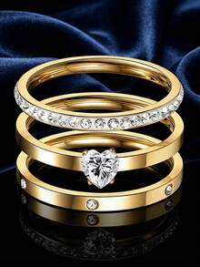 3pcs 18K Gold Plating 304 Stainless Steel Rings Set Minimalist Versatile Design Comprising Stackable With Sparkling Cubic Zirconia Perfect Gift - Heart - View 3