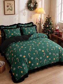 2/3pcs Ruffled Duvet Cover Set, Christmas Bedding, Green Candy Cane Snowflake Star Print Bedding Set, Cozy Room Decor, Skin-Friendly & Breathable, Supersoft& Anti-Pilling, No Insert, Fits Twin Full King Queen, All Seasons, Machine Washable - Multicolor - View 7