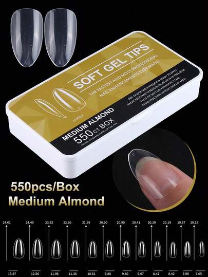100pcs Medium Almond Shaped Soft Gel Nail Tips, Full Coverage Press-On Acrylic Nail Extensions With Storage Box, Suitable For Nail Salon And Home DIY Nail Supplies