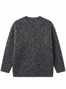 Plus Size Women's Sequin Floral Plush Knit Cardigan, Round Neck Button Front Sweater Jacket, Loose Fit Slimming Daily Wear Black, Autumn/Winter - Black - View 8