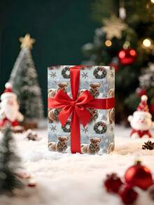 2/1 Roll Of Christmas Gift Wrapping Paper, Featuring A Calf Wearing A Wreath Pattern;Perfect For Christmas Gift Wrapping,Holiday Party Decor,Home Festive Decoration,DIY Craft,Festive Favour Wrapping Dimensions: 43 Cm X 300 Cm. - A - View 4