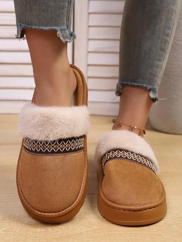 Pantuflas de casa para mujer, estilo minimalista vintage con ribete de encaje, suela gruesa, punta semicubierta, forro de piel sintética, tipo slip-on, cálidas, casuales y afelpadas para otoño/invierno