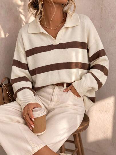 Cream Brown Striped Polo V-Neck Drop Shoulder Long Sleeve Ribbed Knit Pullover Women Casual Y2K Chic Back To School Homecoming Christmas Fall Winter