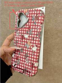 Fresh Red Plaid Cute Rabbit & Flower Phone Case Compatible With Iphone 16, 15, 14, 13, 16 Pro Max, 15 Pro, 16 Max, Heart-Shaped Camera, Full Coverage, Anti-Drop, Electroplated, Women's Style, Only Compatible With IPhone 16 And 17 - Red - View 3