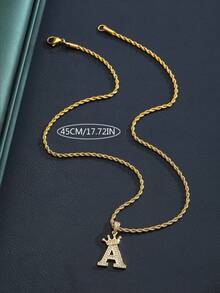 1pc Gold Crown Initial Pendant Necklace, Shiny Rhinestone Rope Chain, Hip Hop Style Jewelry, Street Party Daily Wear Gift For Boys And Girls - Gold - View 5
