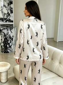 2pcs Women's Sexy Printed Long Sleeve Pajama Top + Elastic Waist Long Pants Loungewear Set - Apricot - View 7