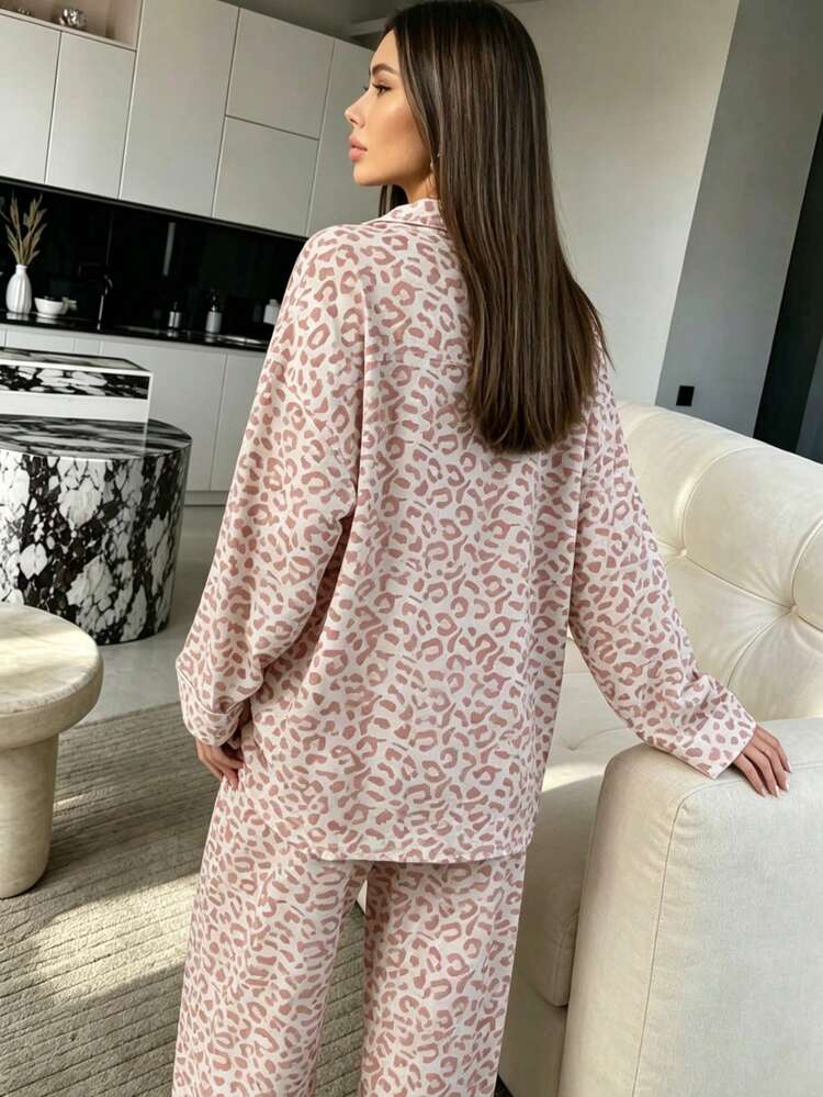 2pcs Women's Loose Leopard Print Casual Long Sleeve Top + Casual Long Pants Loungewear Pajama Set - Pink - View 5