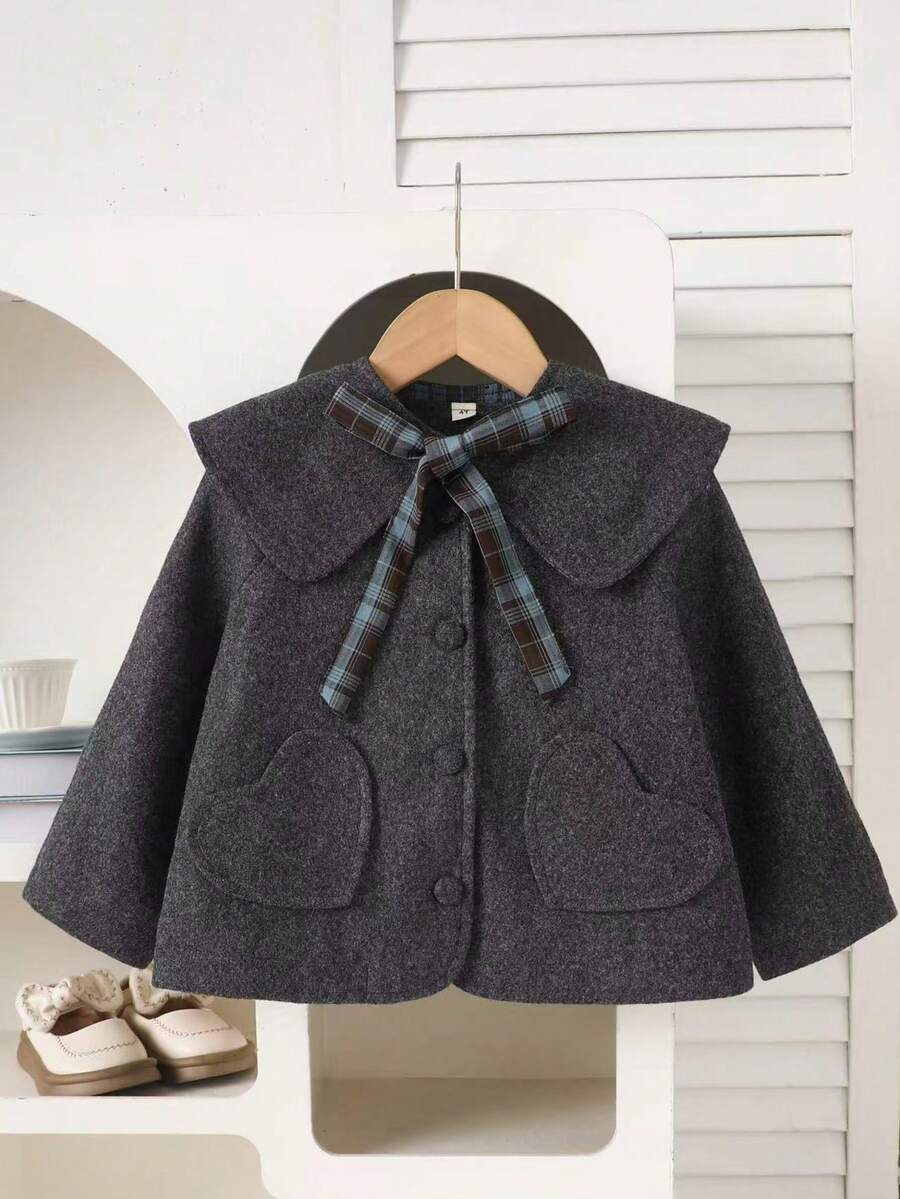 Young Girls Autumn/Winter Vintage Reversible Wool Blend Heart Pocket Crew Neck Jacket + Detachable Large Lapel Plaid Bow Tie Casual Jacket - Grey - View 1