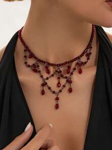 1pc Vintage Gothic Style Red Crystal Beaded Necklace, Multi-Layer Tassel Choker, Women's Daily Party Accessory - Burgundy - View 2