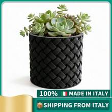 ORIZZONTE Modern Decorative Vase With Woven Texture – Elegant Minimalist Design For Plants, Cactus, Succulents – Gift Idea For Home/Office – 100% Made In Italy, Shipping From Italy - Black - View 2