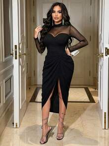 RNU Women's Burgundy Long Sleeve Midi Dress, High Elastic Knit Mesh Patchwork, Stand Collar, High Slit Pleated Waist-Cinching For Party, Autumn Winter - Black - View 3