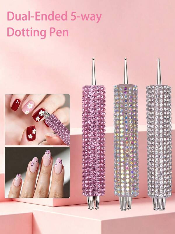 Double-Ended Full Rhinestone Nail Art Dotting Pen, Rhinestone Dotting Pen, Create Plum Blossom Pattern With One Stroke, Essential Nail Art Tool For Makeup Enthusiasts And Nail Art Beginners