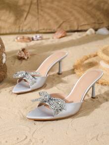 On feet& in love Women's Summer Fashion Elegant Sexy Stiletto High Heel Open Toe Sandals With Rhinestone Bow, Suitable For Dating, Party, Beach Vacation - Baby Blue - View 6