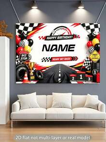 Customizable Name Cool Racing Championship Winner Happy Birthday Banner Black & White Checkered Flag Balloon Tire Oil Drum Trophy Design, Suitable For Racing Car Birthday Party, Wall Decoration, Photo Backdrop, Vinyl Banner Prop - Black - View 3