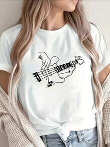 Lightweight And Short-Sleeve T-Shirt, Featuring A Guitar Pattern Design, Is Perfect For Home, Restaurants, Or Outdoor Leisure Activities - White - View 1