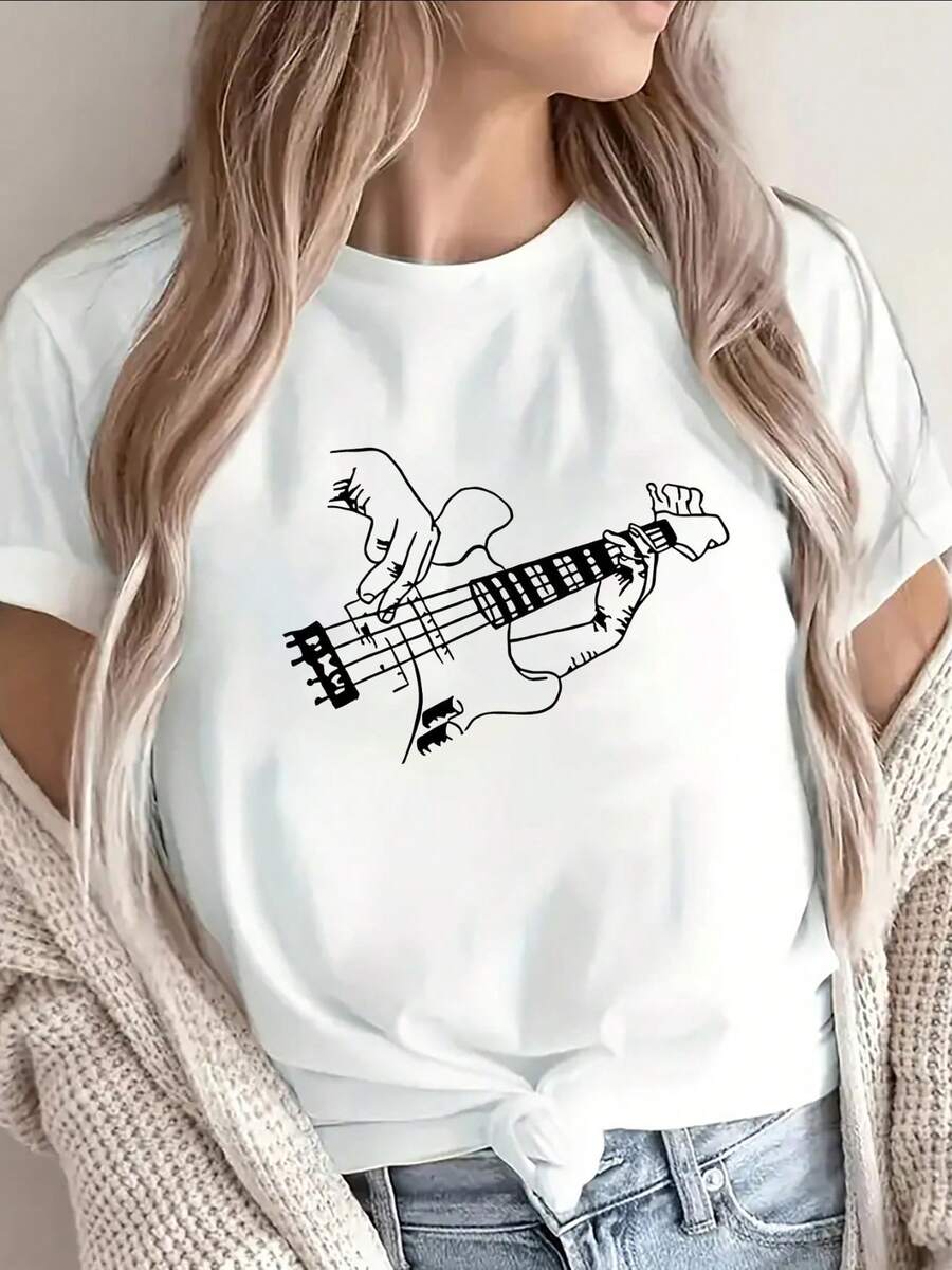 Lightweight And Short-Sleeve T-Shirt, Featuring A Guitar Pattern Design, Is Perfect For Home, Restaurants, Or Outdoor Leisure Activities - White - View 1