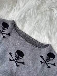 BuyK [Tops]Halloween Skull Print Crewneck Sweater Grey Long Sleeve Knit Pullover Casual Loose Top - Gray 1 - View 6