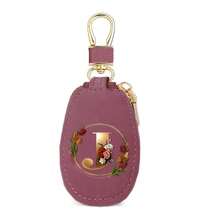 Floral Wreath Letter A-Z Car Key Holder, Mini Car Key Storage Bag, PU Leather Keychain Wallet, Zipper Pouch, Car Key Organizer, Car Keychain, Unisex Gift - Multicolor - View 15