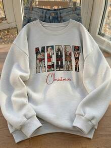 Vintage Christmas MERRY Letter Patchwork Print Crew Neck Sweatshirt Snowman Santa Claus Reindeer Nutcracker Pattern Loose Fit Autumn/Winter Pullover Top - Off-white - View 3