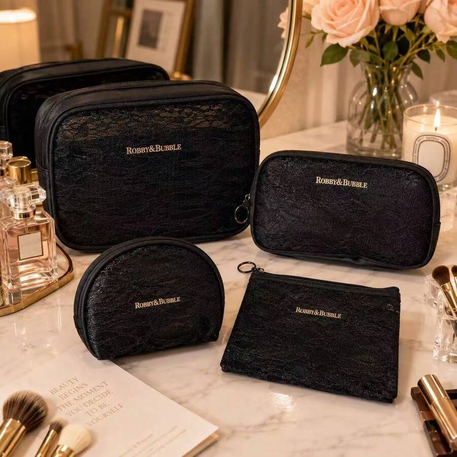 4pcs Lace Mesh Makeup Bag Set, Portable Travel Breathable Cosmetic Bag Toiletry Bag Makeup Wallet Storage Bag, Suitable For Home Travel Accessories - Black - View 1