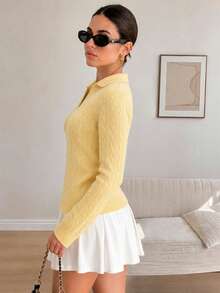 Sweater Pullover Wanita Kerah Polo Rajut Kabel Lengan Panjang Slim Fit Leher V Musim Gugur - Kuning - View 6