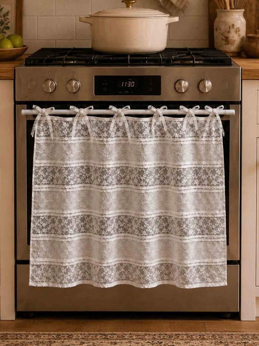 White Floral Lace Oven Curtain, Tie-Up Ruffle Short Kitchen Tier Curtain, Farmhouse Style Decorative Cover, Suitable For Oven, Open Cabinet, Small Window, Country Home Decor - White - View 1
