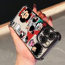 Funda de teléfono de lujo europea y americana, semitransparente, con diseño de dibujos animados, elegante, con lazo, estilo Mafalda, adecuada para iPhone 16, 16e, 15, 14, 13, 12 Mini, 11 Pro Max, X, XR, XS Max, 8, 7 Plus, con marco negro, cubierta trasera transparente anticaída, diseño premium. - Color 1 - Ver 6