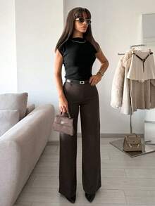 SMILE CHI Women's Casual Elastic Straight Leg Dress Pants, Autumn Back To School, Commute Daily Office Wear (Belt Not Included) - Brown - View 5