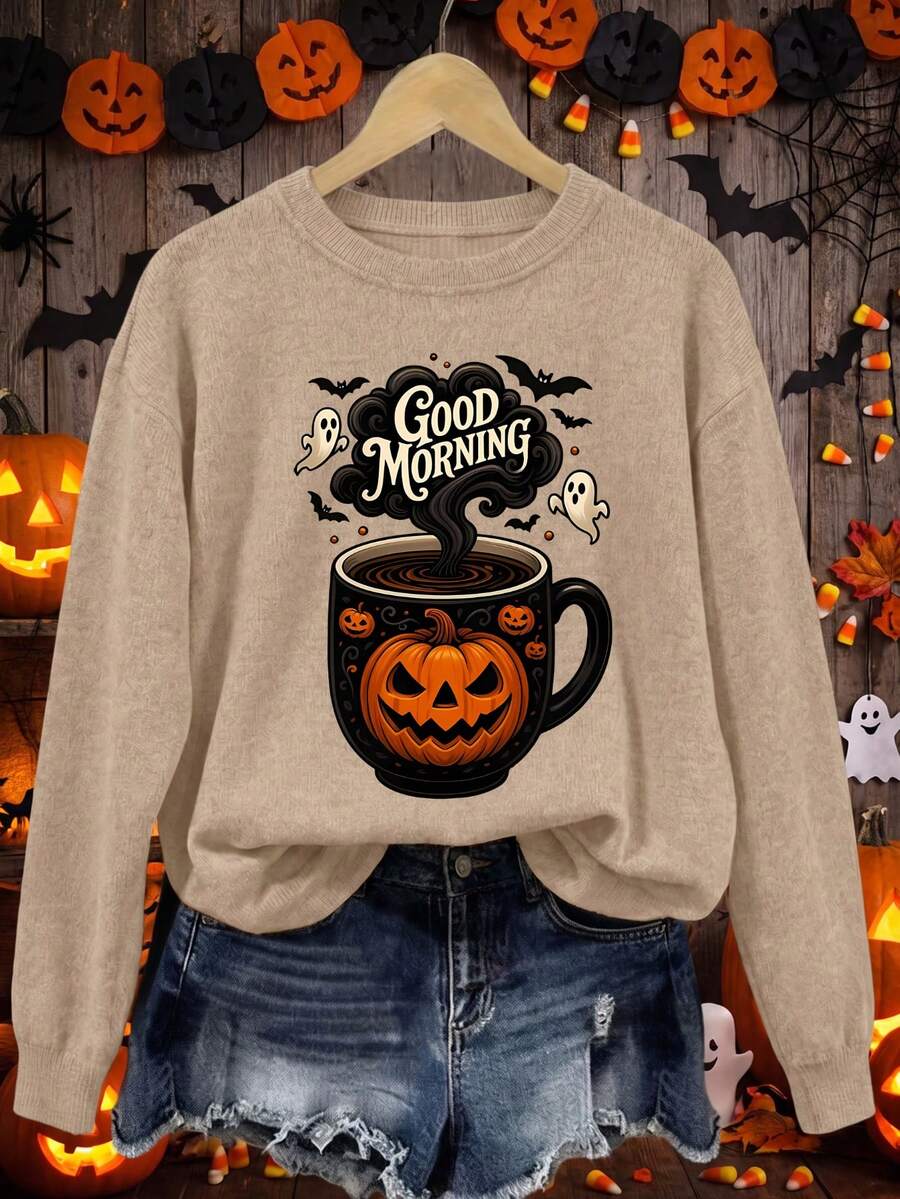 Plus Size Women Coffee Lover Halloween Good Morning Coffee Cup Pumpkin Ghost Bat Print Sweater, Suitable For Autumn/Winter Wear, Warm And Comfortable