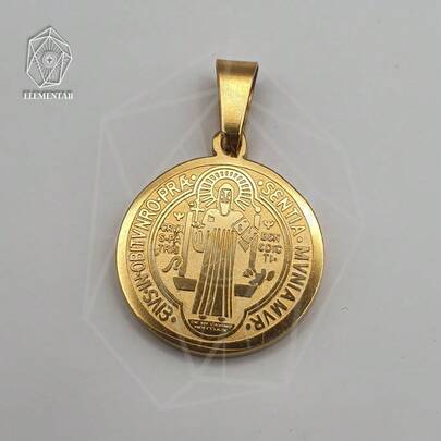 Pingente Medalha de São Bento Dourada Pequena Aço Inoxidável