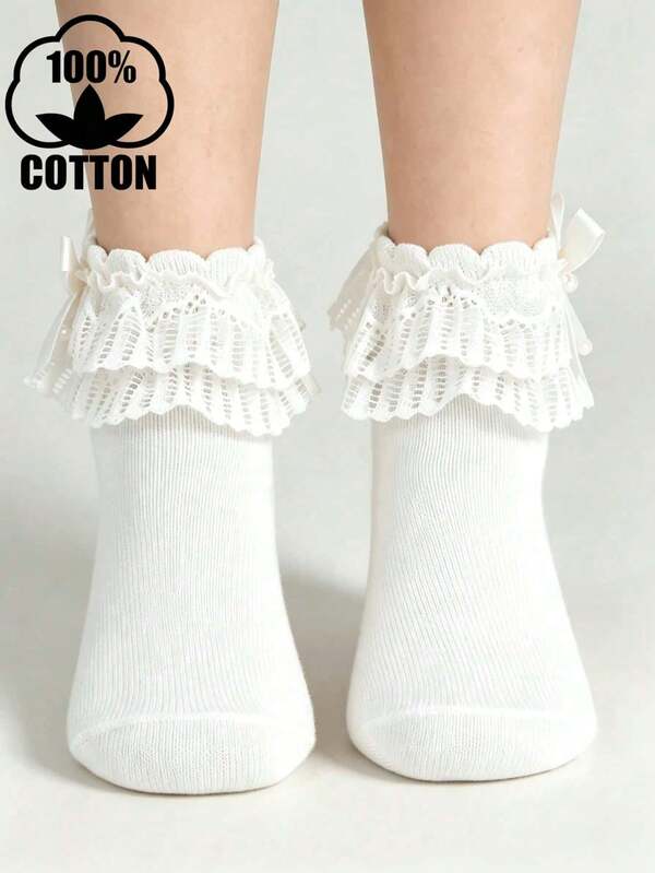 1/4 Pack Girls Solid Color Double Lace Trim Pearl Bow Cotton Casual Socks For Back To School Halloween Daily Wear