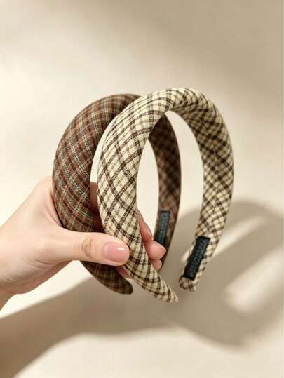 2PCS French Vintage Plaid Sponge Headband, Artistic Academic Style Thick High Crown Headband, Fabric Plaid Hair Accessory, Daily Commute Fashion Versatile Hair Accessory, Autumn/Winter Women's Hair Accessory