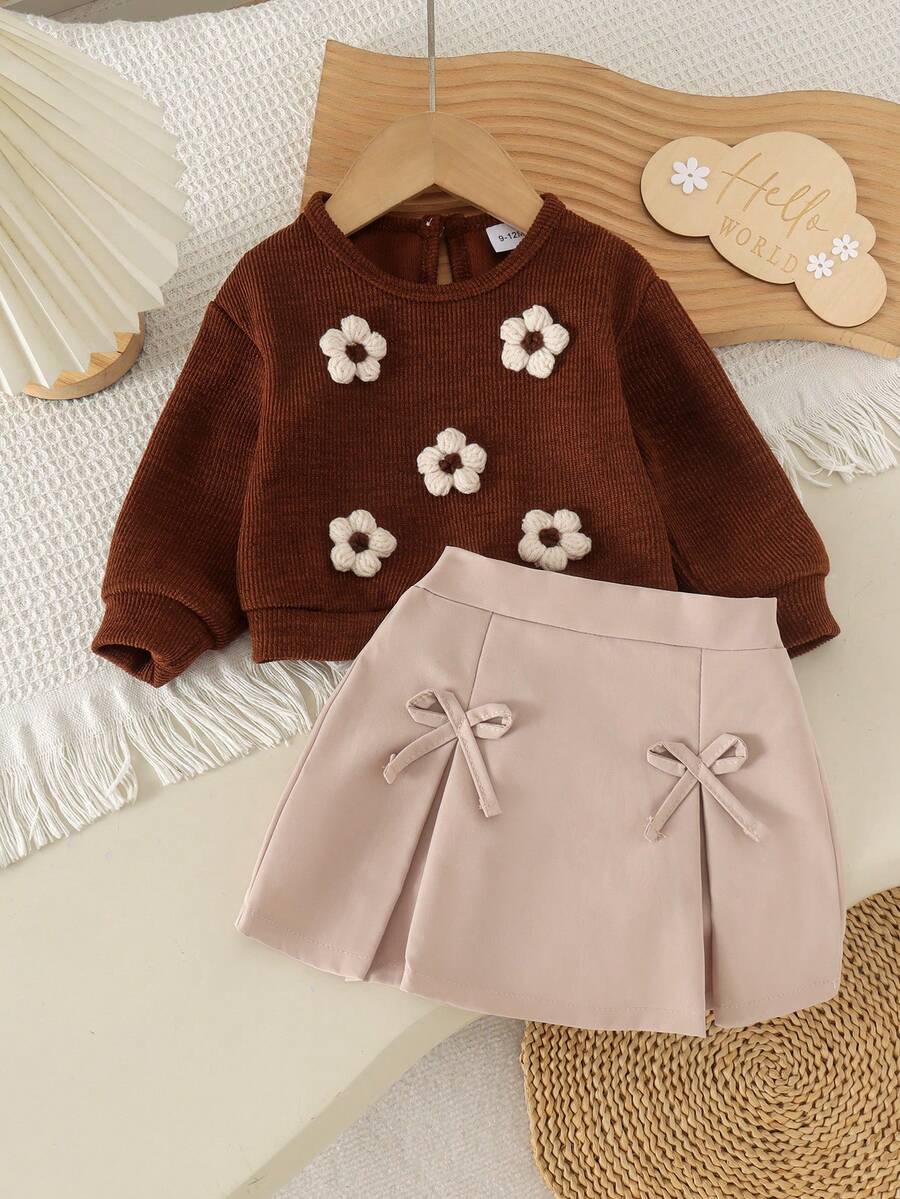 2pcs Baby Girl Gentle Vintage Textured 3D Floral Round Neck Long Sleeve Top & Bow A-Line Skirt Set, Spring/Autumn - Maroon - View 1